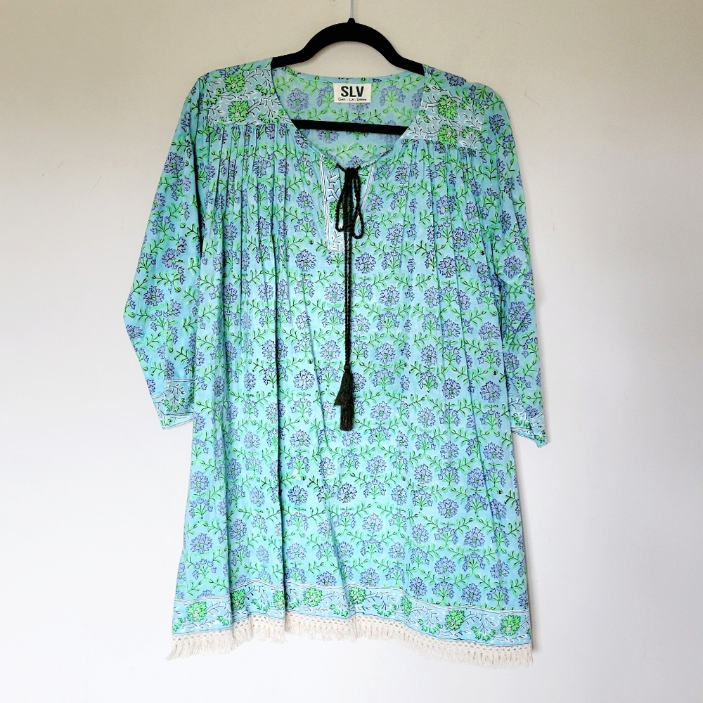 Sur La Vague One Size Blue &‎ Green Cotton Floral Round Split Neck Tunic …